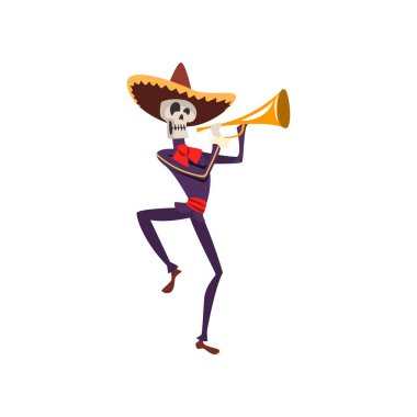 Meksika geleneksel kostüm ve trompet ile dans şapka iskelet, Dia de Muertos, ölülerin günü resimde beyaz bir arka plan üzerinde vektör