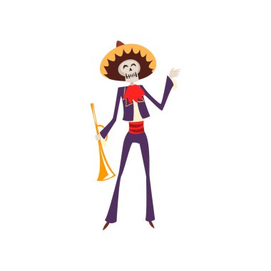 Meksika geleneksel kostüm ve trompet ile şapka iskelet, Dia de Muertos, ölülerin günü resimde beyaz bir arka plan üzerinde vektör