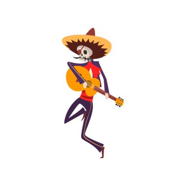 İskelet Meksika geleneksel kostüm ve şapka dans, şarkı ve gitar çalmak, Dia de Muertos, ölülerin günü resimde beyaz bir arka plan üzerinde vektör