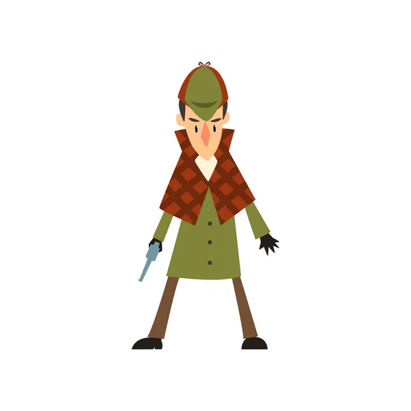 Sherlock Holmes personnage de détective avec vecteur de pistolet Illustration sur un fond blanc — Image vectorielle