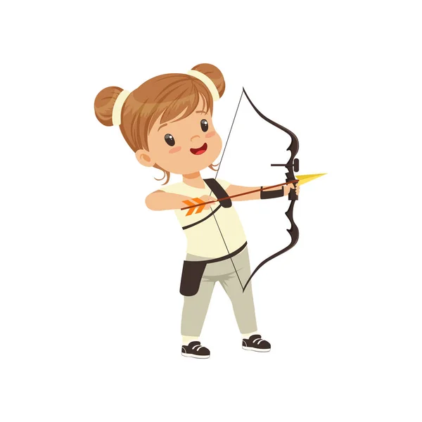 Little Girl Practicing Archery Kids Physical Activity Concept Vector Illustration — Stock Vector