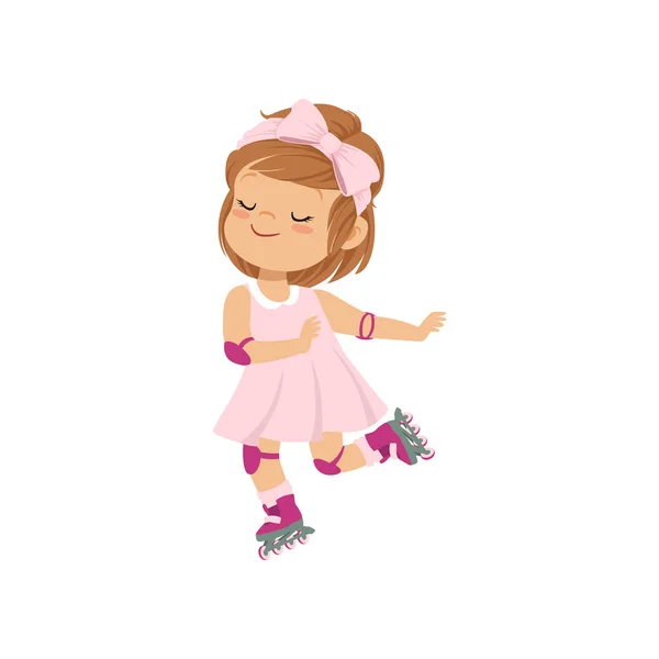 Dulce niña en vestido rosa patinaje sobre patines, niños concepto de actividad física vector Ilustración sobre un fondo blanco — Vector de stock