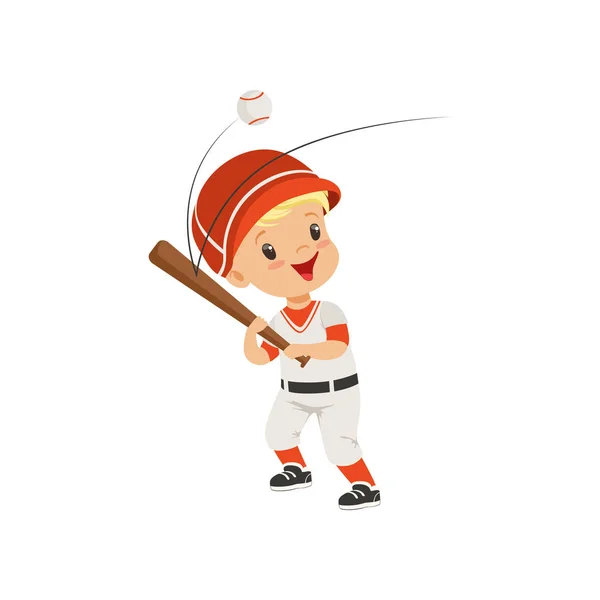 Niño jugador de béisbol golpeando la pelota, vector concepto de actividad física de los niños Ilustración sobre un fondo blanco — Archivo Imágenes Vectoriales
