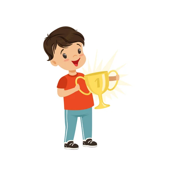 Cute little boy holding winner cup, kids physical activity concept vector Illustration on a white background — Stock Vector