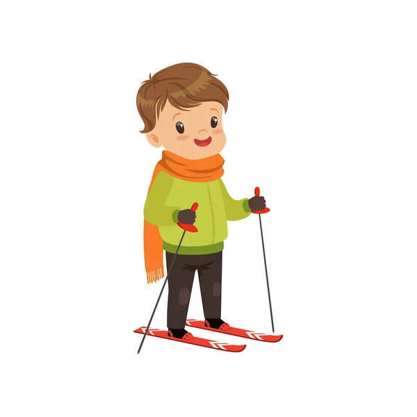 Söpö poika hiihto, talviurheilu ja ulkoilu käsite vektori Kuva valkoisella taustalla — vektorikuva