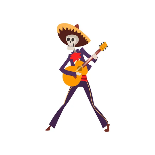 Scheletro in costume tradizionale messicano ballare, cantare, suonare la chitarra, Dia de Muertos, Day of the Dead vector Illustrazione su sfondo bianco — Vettoriale Stock