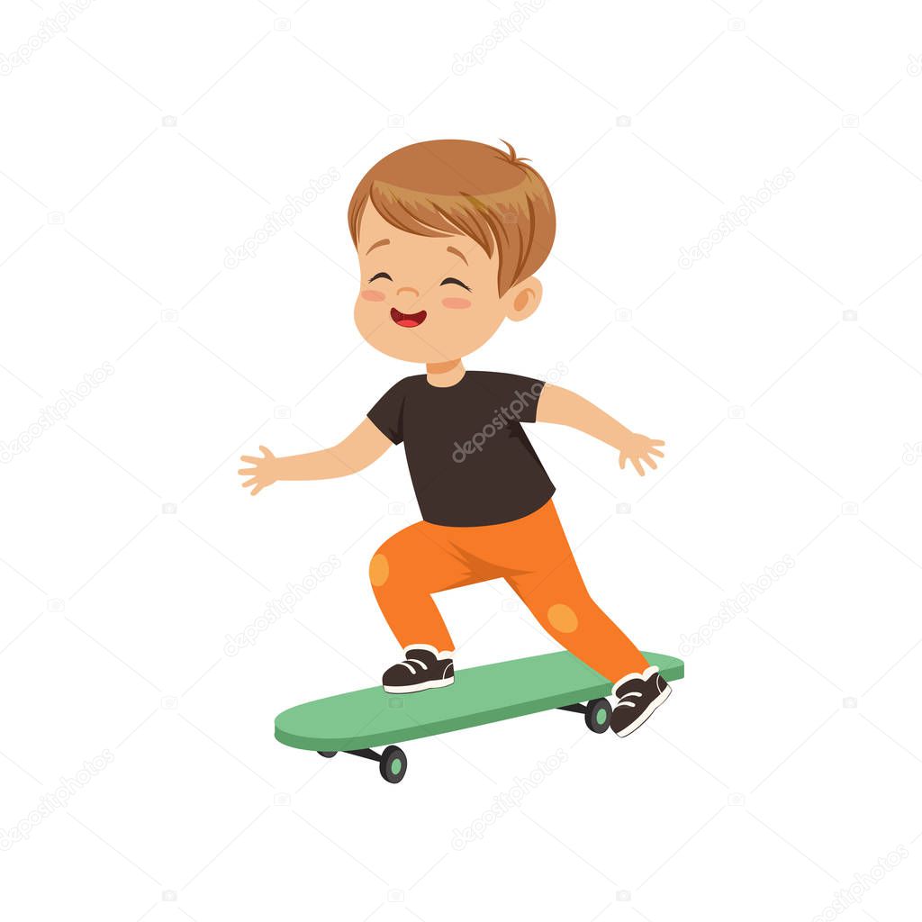 Cute little boy riding skateboard, kids physical activity concept vector Illustration on a white background