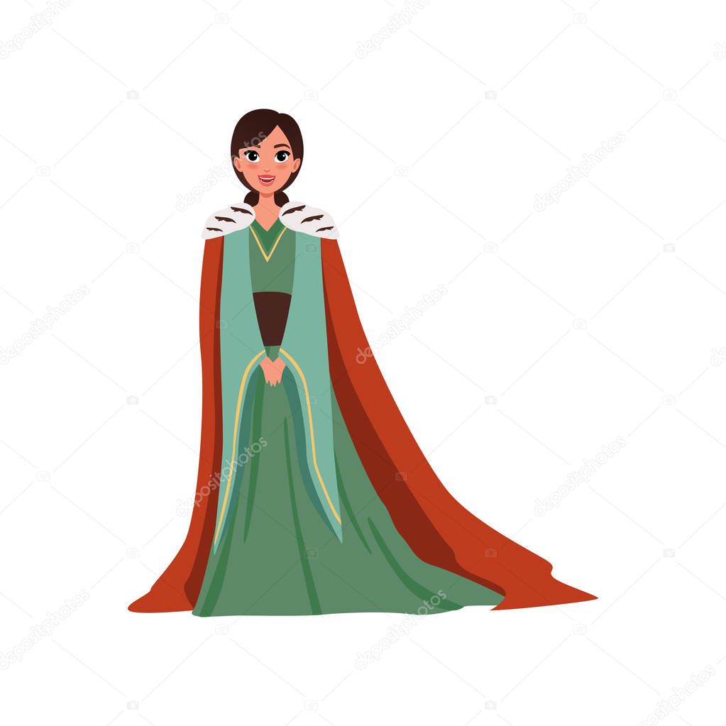 Majestic queen in red mantle European medieval character vector Illustration on a white background