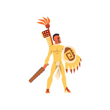 Geleneksel giyim ve silah vektör ile headdress silahlı kabile erkek savaşçı üzerinde beyaz bir arka plan illüstrasyon izole.