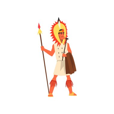 Geleneksel giyim ve headdress mızrak vektör çizim üzerinde beyaz bir arka plan ile silahlı kabile erkek savaşçı