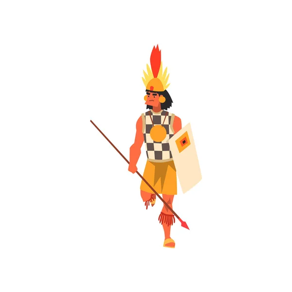 Guerrier masculin tribal armé en vêtements traditionnels et coiffure avec lance et vecteur de bouclier Illustration sur fond blanc — Image vectorielle