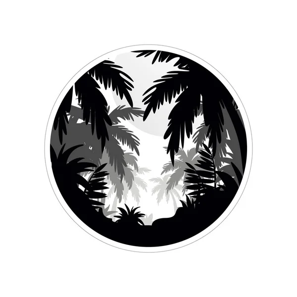 Tropical scenery with palm trees, monochrome landscape in geometric round shape design vector Illustration on a white background