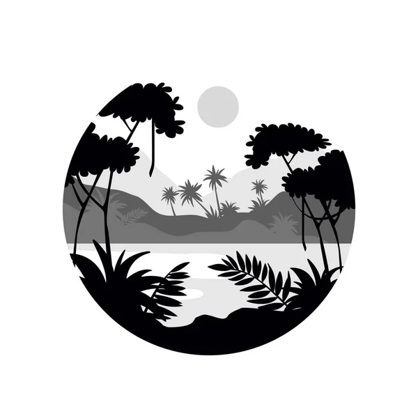 Paisaje tropical con palmeras, agua y montañas, paisaje monocromo en forma redonda geométrica vector de diseño Ilustración sobre fondo blanco — Vector de stock