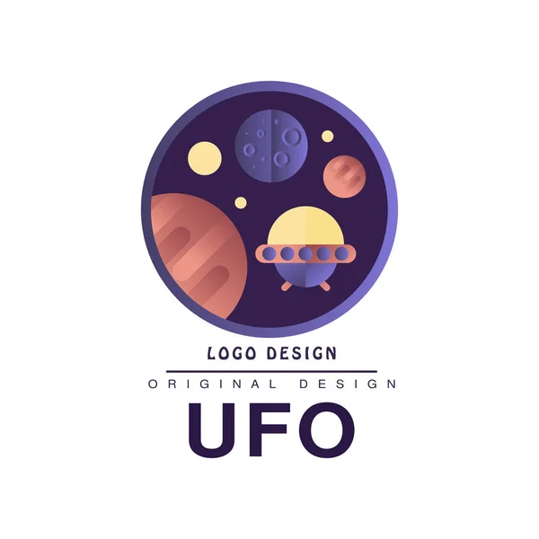 Ufo logo original design, badge with planets and spaceship vector Illustration on a white background — Stock Vector