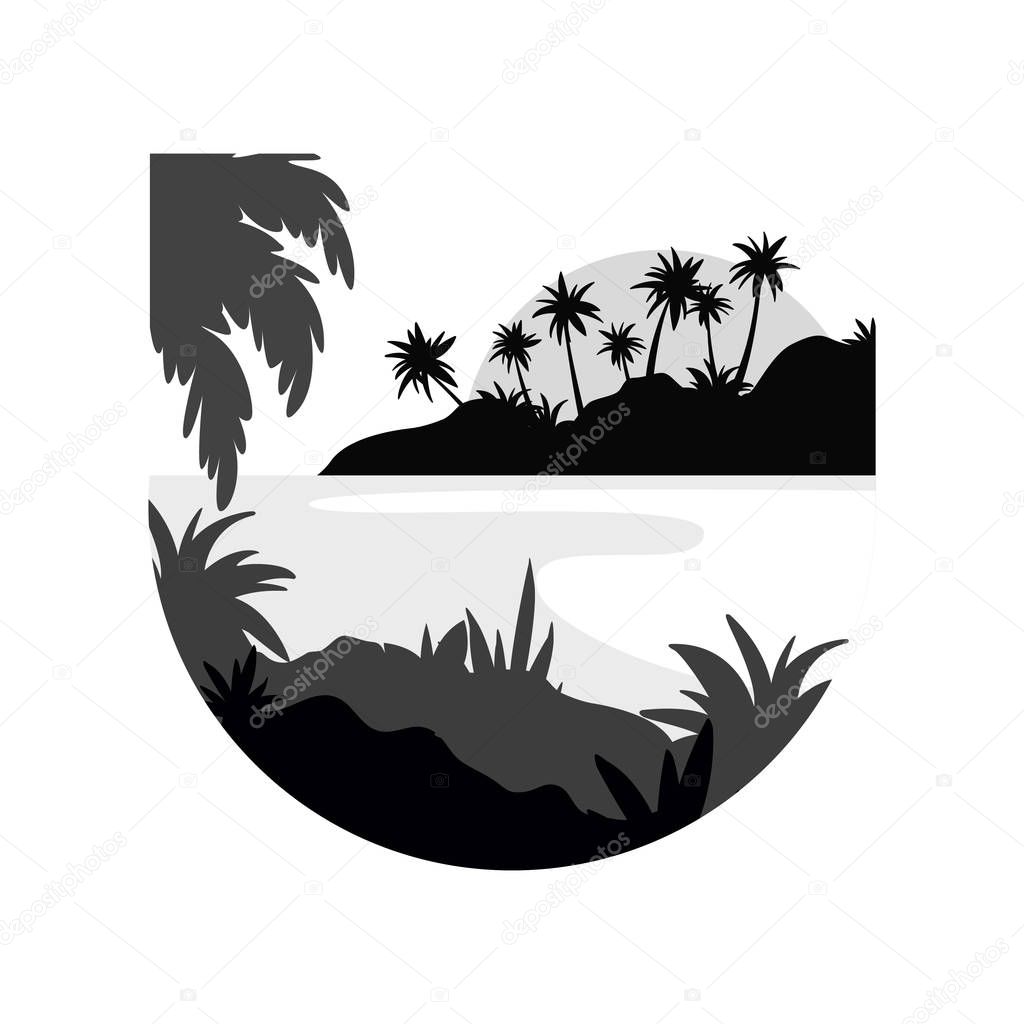 Beautiful scenery with tropical trees, water and rising sun, monochrome landscape in geometric round shape design vector Illustration on a white background