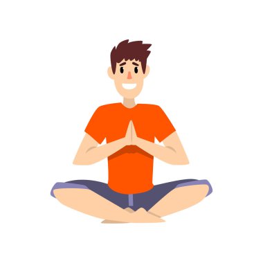Selamlama lotus poz, Genç adam pratik yoga oturan adam beyaz bir arka plan üzerinde illüstrasyon vektör