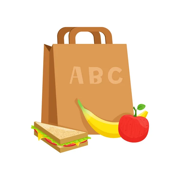 Saco de papel com sanduíche, banana e maçã, lancheira escolar, comida para crianças e estudantes vetor ilustração em um fundo branco — Vetor de Stock