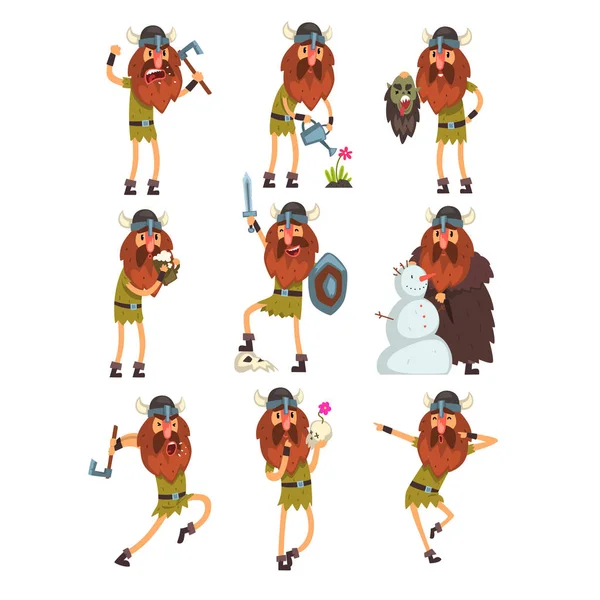 Viking conjunto de personagens de desenhos animados, guerreiro escandinavo em roupas tradicionais em diferentes situações vetor Ilustração em um fundo branco —  Vetores de Stock