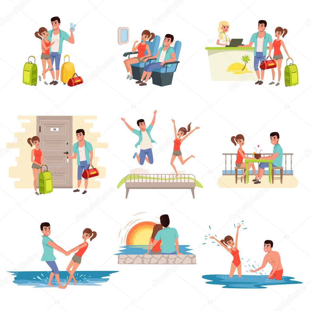 Family couple traveling on summer holidays set, man and woman enjoying rest at the resort and in the hotel vector Illustrations on a white background
