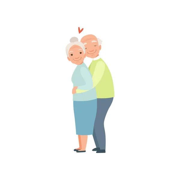 Senior homme et femme câlins chaleureux, couple romantique âgé dans l'amour vecteur Illustration sur un fond blanc — Image vectorielle