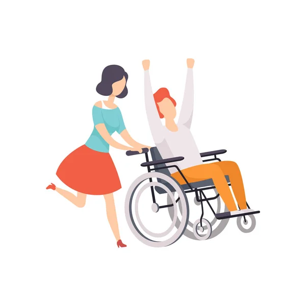Jovem mulher correndo e empurrando cadeira de rodas com o homem deficiente feliz, menina apoiando seu amigo, pessoa deficiente desfrutando de vida plena vetor Ilustração em um fundo branco — Vetor de Stock