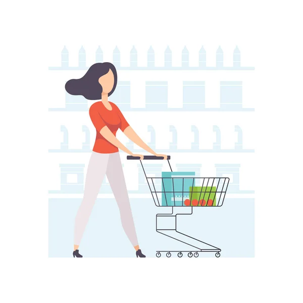 Mladá žena výběrem výrobků na regálech a tlačí vozík, dívka nakupování v supermarketu vektorové ilustrace na bílém pozadí — Stockový vektor