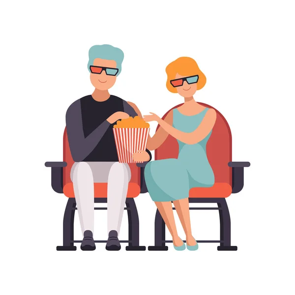 Para, oglądając film w kino teatr w okulary 3d i jedzenie popcorn wektor ilustracja na białym tle — Wektor stockowy