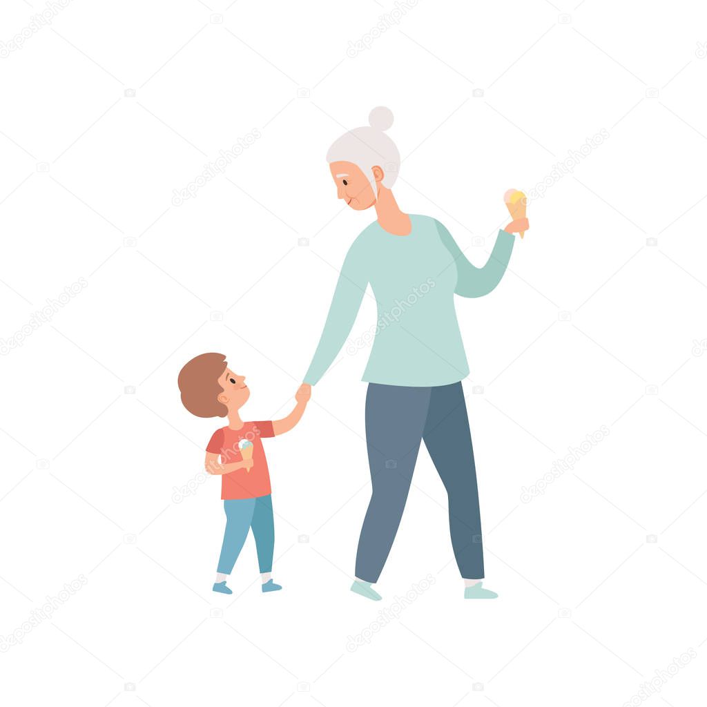 Grandma walking with her little grandson, grandfather spending time playing with grandson vector Illustration on a white background
