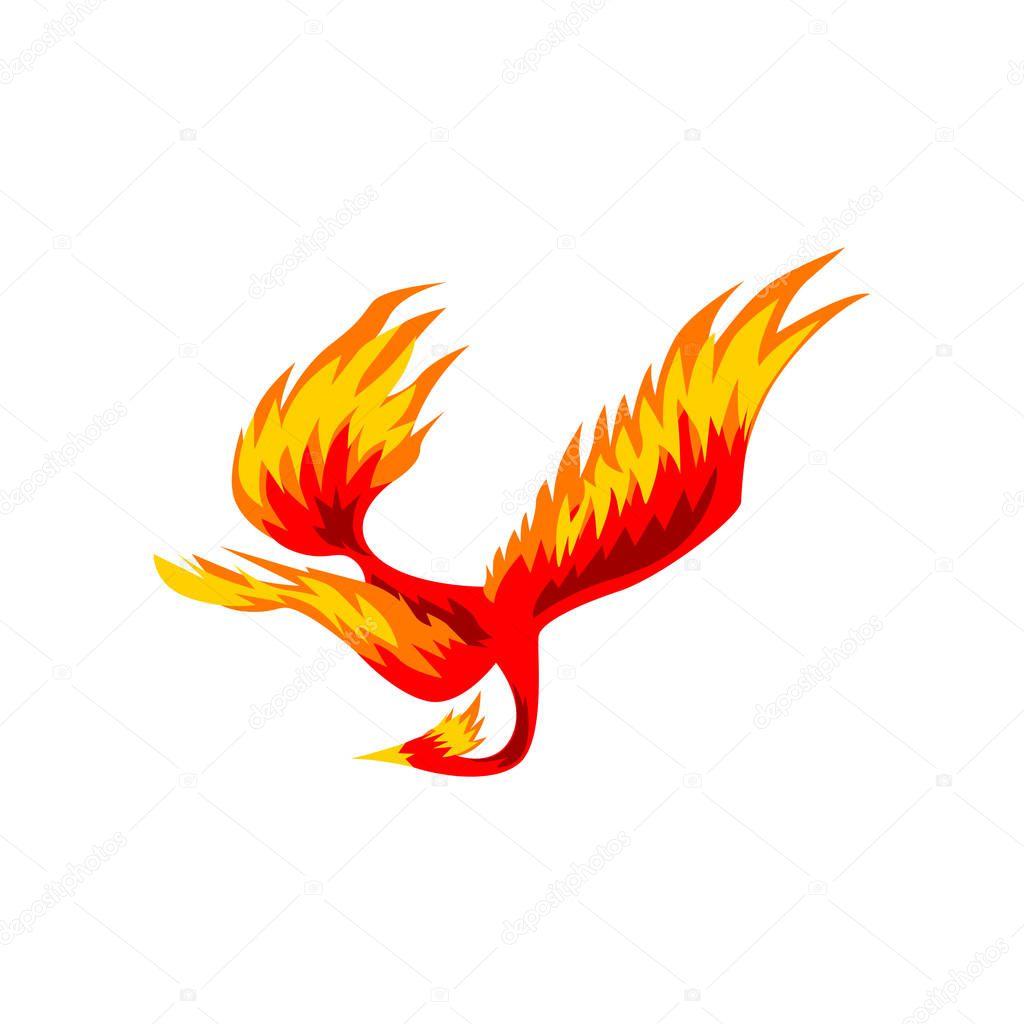 Phoenix, flaming fairytale firebird flying vector Illustration isolated on a white background.