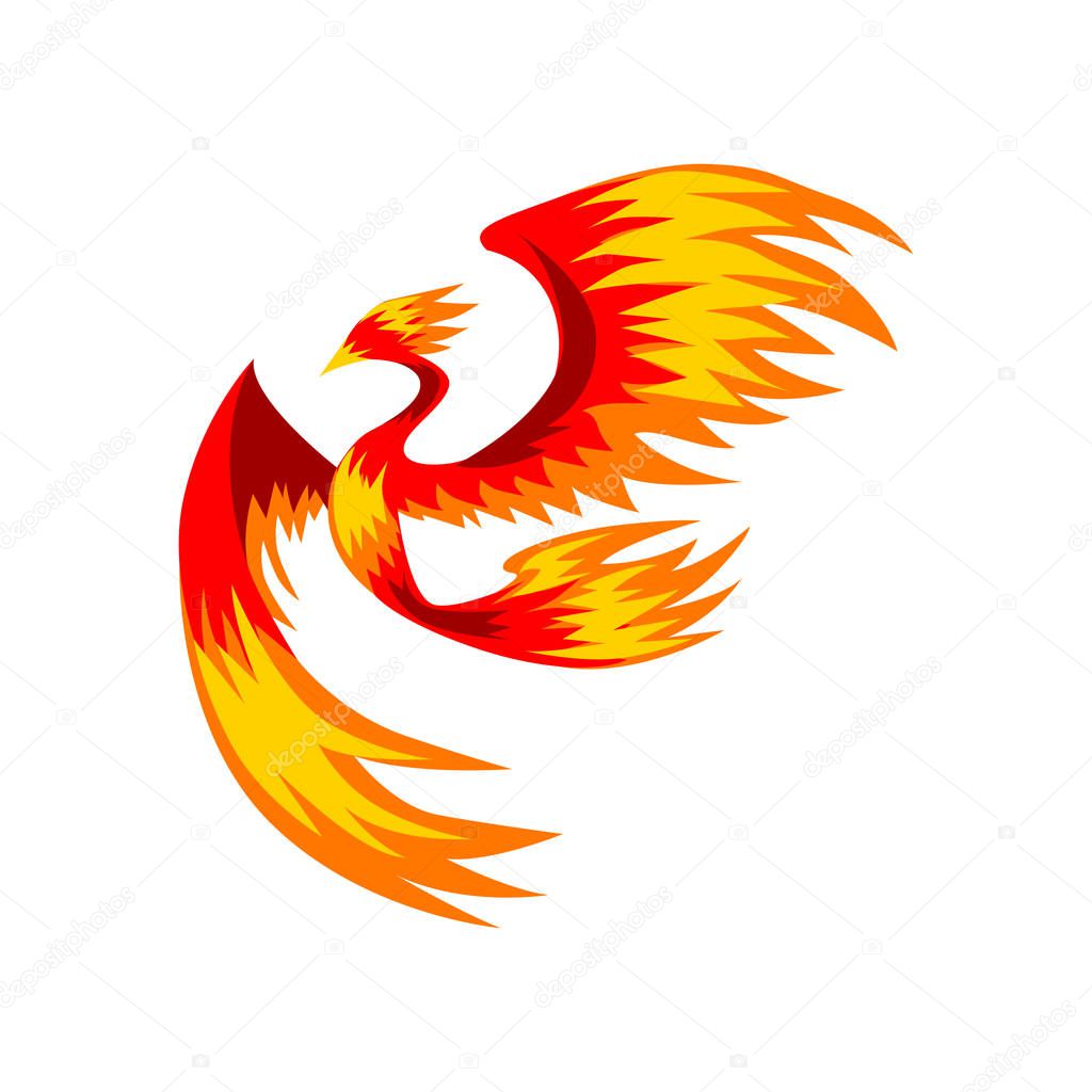 Flaming phoenix bird flying, bright mythical firebird vector Illustration isolated on a white background.