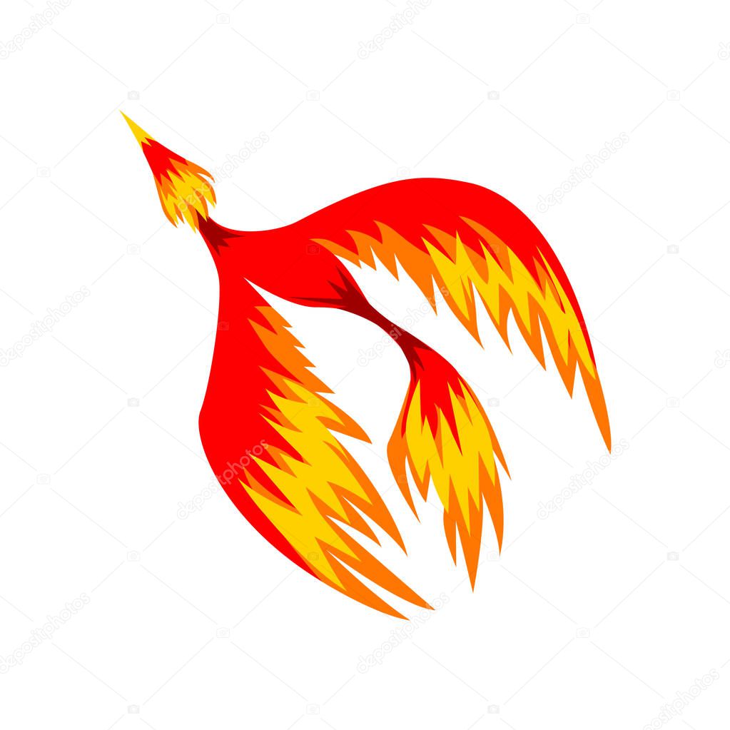 Mythical phoenix flaming bird flying vector Illustration isolated on a white background.
