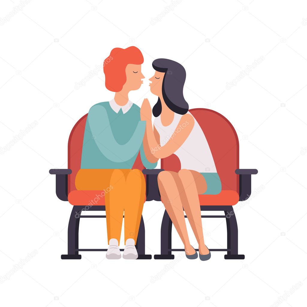 Young couple in love on movie date in cinema theater vector Illustration isolated on a white background.