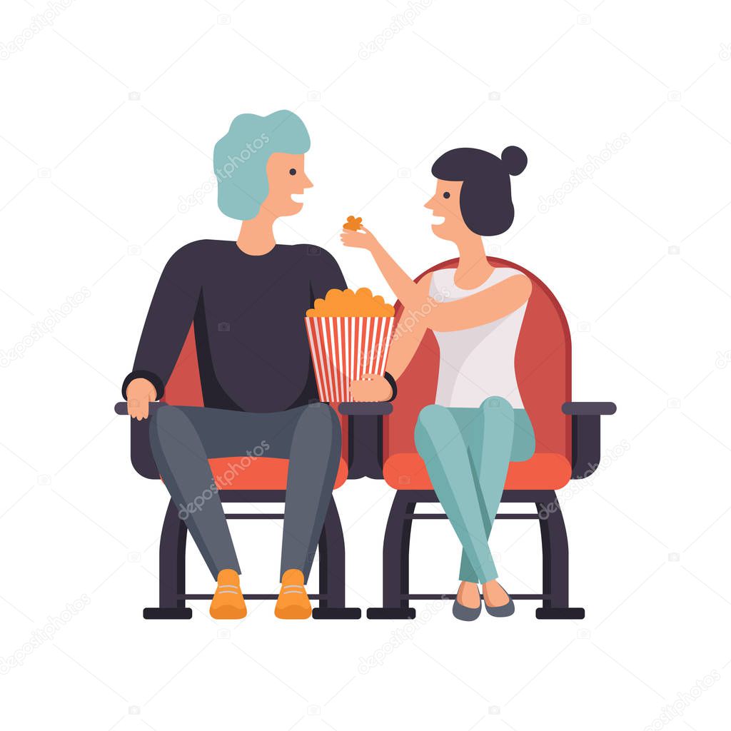 Young couple in love watching movie in cinema theater and eating popcorn vector Illustration on a white background.