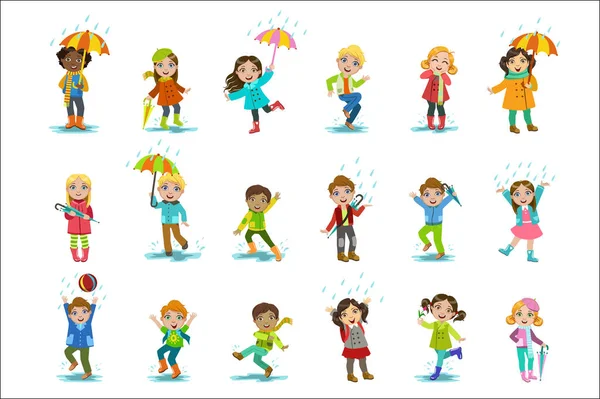 Kinder Genießen Den Regen Kindischen Cartoon Stil Niedlichen Vektor Illustration — Stockvektor