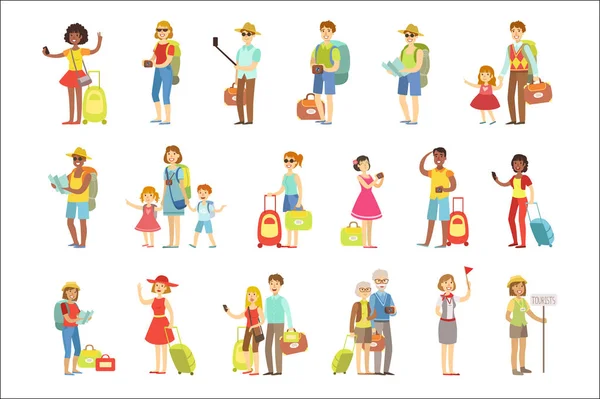 Turista feliz con bolsas y cámaras — Vector de stock