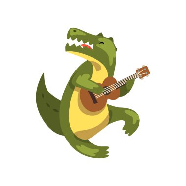 Gitar, beyaz bir arka planda müzik aleti vektör çizim karikatür hayvan karakterle oynamaya timsah