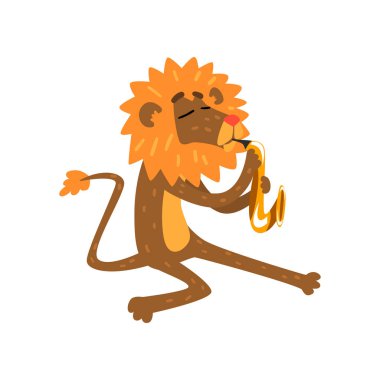 Aslan saksafon, oynarken müzik aleti vektör çizim üzerinde beyaz bir arka plan ile hayvan karakter karikatür
