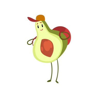 Sırt çantası, duygusal ile komik avokado ayakta meyve karikatür karakter vektör çizim beyaz bir arka plan