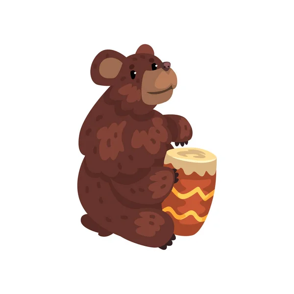 Oso tocando tambor, personaje animal de dibujos animados con vector de instrumento musical Ilustración sobre fondo blanco — Archivo Imágenes Vectoriales