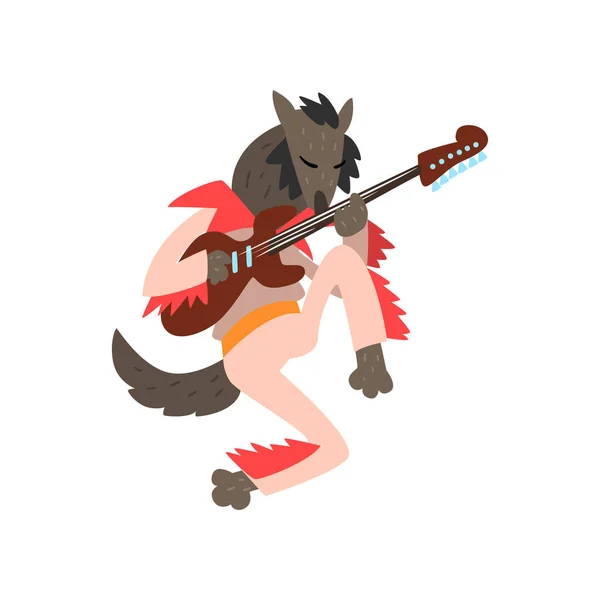 Волк играет на электрогитаре, персонаж мультяшного животного с вектором музыкальных инструментов Иллюстрация на белом фоне — стоковый вектор