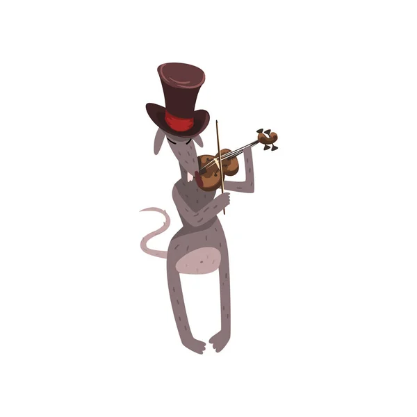 Мышь в верхней шляпе, играющая на скрипке, персонаж мультфильма грызун с музыкальным инструментом на белом фоне — стоковый вектор