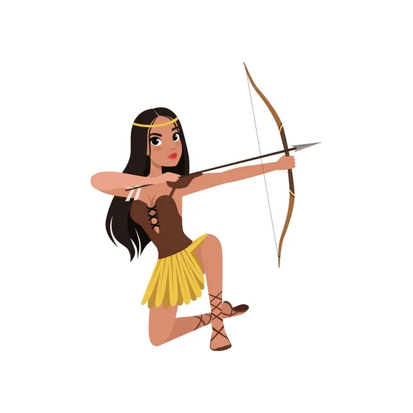 Hermoso personaje de chica amazona disparando con una flecha, antiguo vector arquero guerrero Ilustración sobre un fondo blanco — Archivo Imágenes Vectoriales