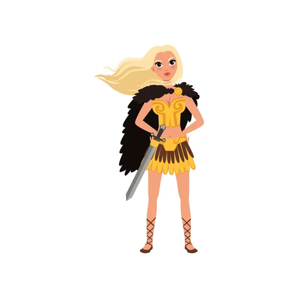 Hermoso personaje de chica amazona rubia, guerrero antiguo con vector de espada Ilustración sobre un fondo blanco — Vector de stock