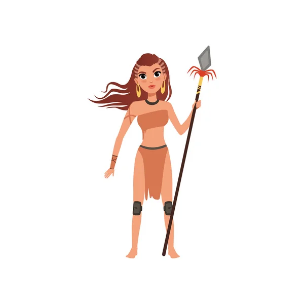 Hermoso personaje de chica amazona, guerrero antiguo de pie con vector de lanza Ilustración sobre un fondo blanco — Archivo Imágenes Vectoriales