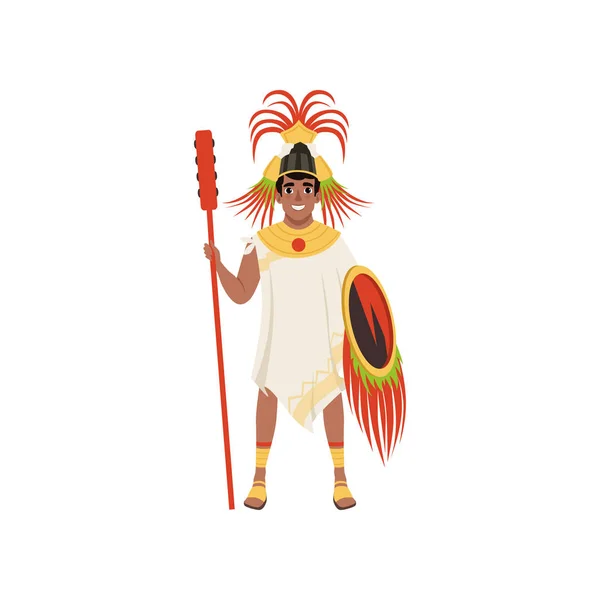 Hombre guerrero azteca personaje en ropa tradicional y tocado de pie con escudo y vector de lanza Ilustración sobre un fondo blanco — Vector de stock