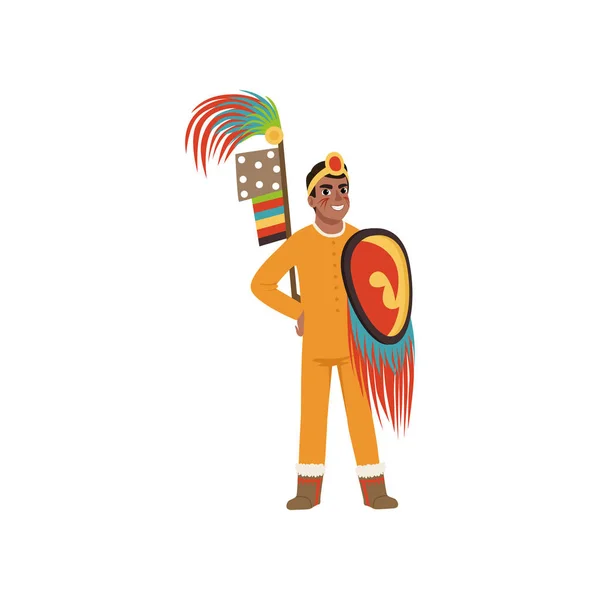 Hombre guerrero azteca personaje en ropa tradicional con lanza y escudo vector Ilustración sobre un fondo blanco — Vector de stock