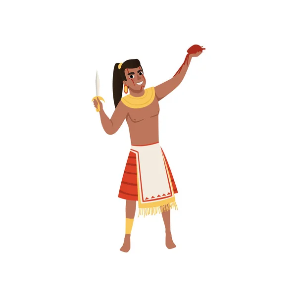 Hombre guerrero azteca personaje en ropa tradicional con vector daga Ilustración sobre fondo blanco — Archivo Imágenes Vectoriales