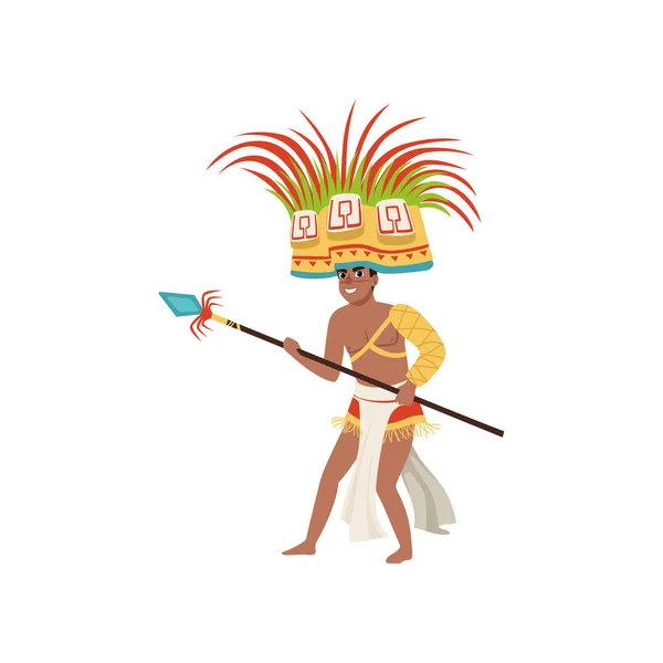 Aztec warrior man character in traditional clothes and headdress with spear vector Illustration on a white background — Stock Vector