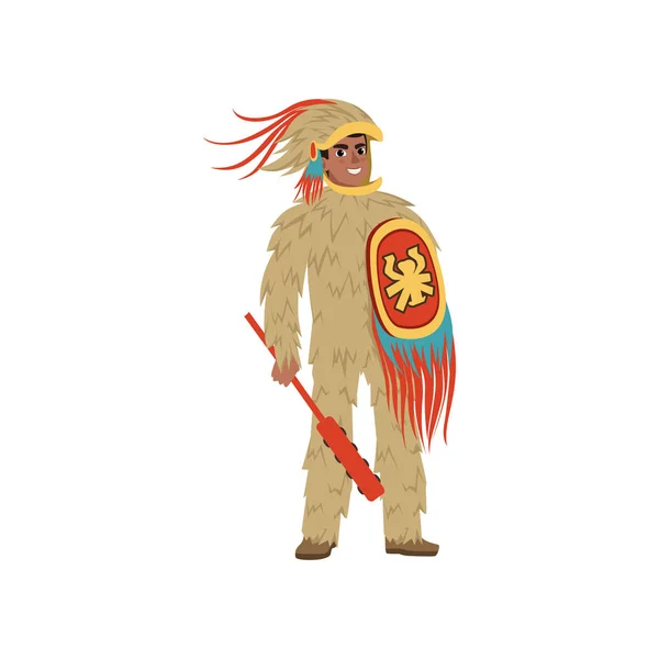 Aztec armed warrior man character wearing in animal skin vector Illustration on a white background — Stock Vector