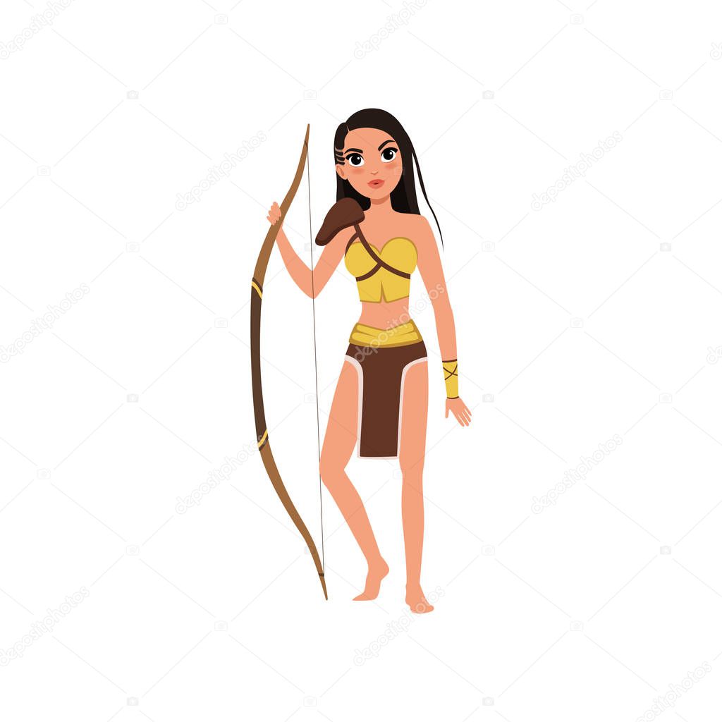 Beautiful amazon girl character standing with bow, ancient warrior archer vector Illustration on a white background